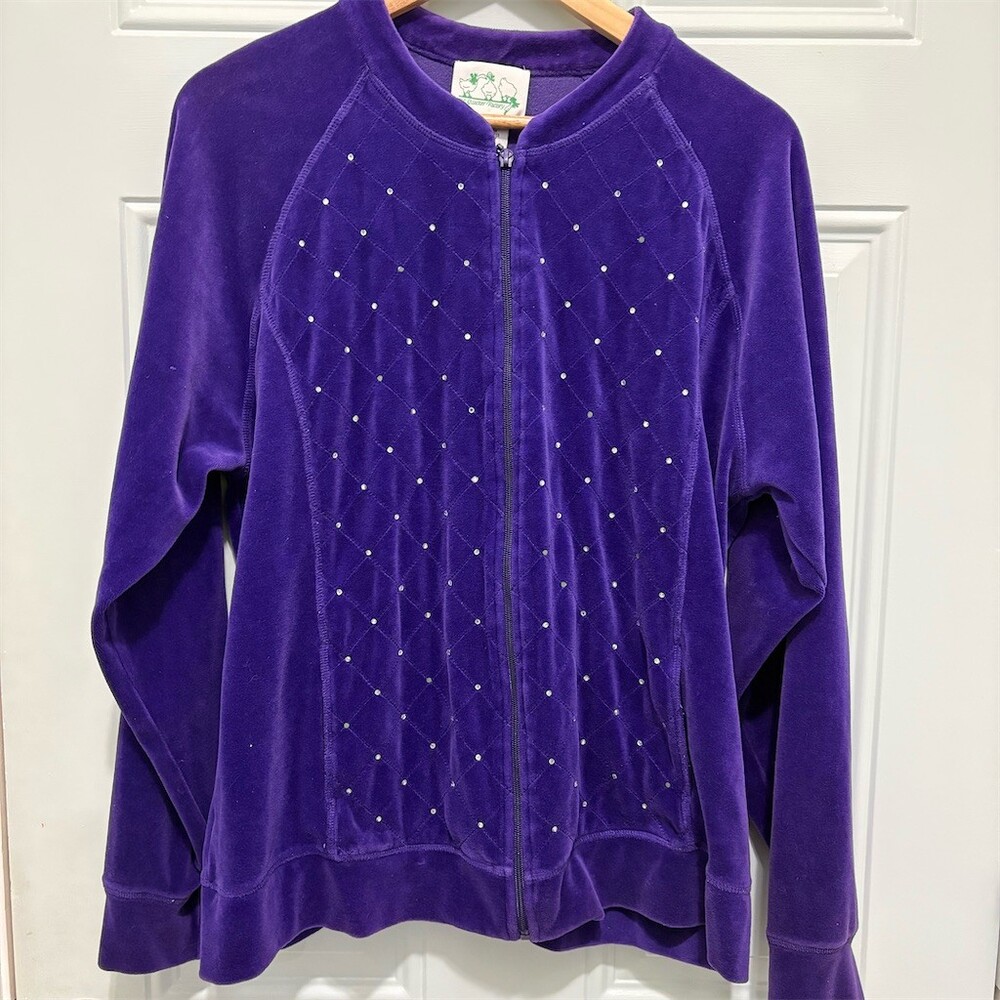 Quacker Factory Jacket Womens XL Purple Full Zip Rhinestone Quilted Front
